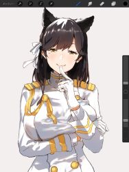 Rule 34 | 1girl, aiguillette, animal ears, arm under breasts, atago (azur lane), azur lane, black hair, blush, breasts, buttons, closed mouth, extra ears, finger to mouth, gloves, hair ribbon, highres, index finger raised, jacket, large breasts, long hair, long sleeves, looking at viewer, military jacket, misekai 555, mole, mole under eye, ribbon, simple background, smile, solo, swept bangs, white background, white gloves, white jacket, white ribbon, yellow eyes