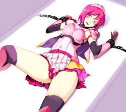 Rule 34 | 1girl, arm guards, armor, bad id, bad pixiv id, bdsm, black thighhighs, bondage, bound, chain, chained, cinderella (cinderella blade), cinderella blade, cuffed, head tilt, knee pads, knee up, kyokucho, lying, on back, pink eyes, pink hair, pink skirt, pleated skirt, prisoner, restrained, short hair, shoulder plates, skirt, solo, tears, thighhighs, thighs, tiara
