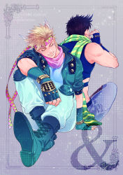Rule 34 | &amp;, 2boys, back-to-back, bad id, bad pixiv id, bare shoulders, battle tendency, black hair, blonde hair, boots, bubble, blowing bubbles, caesar anthonio zeppeli, closed eyes, clothing cutout, crop top, cropped jacket, dororosso, facial mark, feather hair ornament, feathers, fingerless gloves, gloves, green footwear, green jacket, hair ornament, headband, jacket, jojo no kimyou na bouken, joseph joestar, joseph joestar (young), knee pads, male focus, multiple boys, pants, ribbon, scarf, shoes, side cutout, sitting, sleeveless, smile, striped clothes, striped jacket, white pants