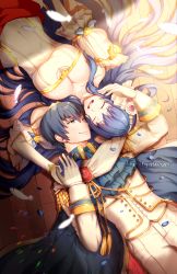 Rule 34 | 1boy, 1girl, alternate costume, blue hair, breasts, caeda (bridal) (fire emblem), caeda (fire emblem), cape, cleavage, closed eyes, covered navel, dress, feathers, fire emblem, fire emblem: mystery of the emblem, fire emblem heroes, flower, formal, happy, highres, holding hands, husband and wife, large breasts, long hair, looking at another, lying, marth (fire emblem), nintendo, on back, one eye closed, open mouth, petals, smile, streya, very long hair, wedding dress