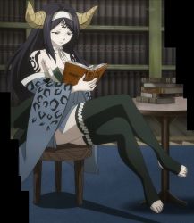Rule 34 | 1girl, absurdres, black eyes, black hair, book, bookshelf, breasts, chair, cleavage, facial mark, fairy tail, feet, female focus, forehead mark, headband, highres, horns, large breasts, crossed legs, long hair, no shoes, open book, reading, sayla (fairy tail), screencap, sitting, solo, table, thighhighs, toeless legwear, toes
