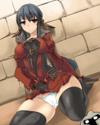 Rule 34 | 1girl, bad id, bad pixiv id, black gloves, black hair, black thighhighs, blush, breasts, character request, gloves, hair ornament, large breasts, long hair, looking at viewer, lord of vermilion, momio, panties, red eyes, rishia, sitting, solo, thighhighs, underwear, white panties
