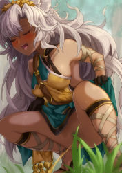 Rule 34 | 1girl, blush, clothes lift, convenient censoring, dark-skinned female, dark skin, dress, dress lift, female pubic hair, granblue fantasy, highres, lifted by self, nemone, no panties, open mouth, outdoors, peeing, pubic hair, smile, solo, squatting, yude