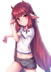 Rule 34 | 1girl, arknights, black shorts, closed mouth, cowboy shot, crop top, cross-body stretch, groin, hair ornament, hairclip, hand up, horns, long hair, looking at viewer, midriff, navel, pointy ears, red eyes, red hair, ryuinu, shirt, short shorts, short sleeves, shorts, sidelocks, simple background, solo, stretching, very long hair, vigna (arknights), white background, white shirt