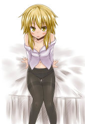 Rule 34 | 1girl, bare shoulders, blonde hair, blush, clothes pull, crotch seam, female focus, highres, kirisame marisa, lock heart (juuryokudou), looking at viewer, panties, panties under pantyhose, pantyhose, shirt pull, short hair, smile, solo, striped clothes, striped panties, thigh gap, thighband pantyhose, touhou, underwear, yellow eyes