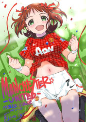 Rule 34 | 10s, 1girl, 2013, :d, amami haruka, antonio valencia, antonio valencia (cosplay), barclays premier league, blush, bow, breasts, brown hair, clenched hands, clothes lift, cosplay, england, green eyes, hair bow, hair ribbon, idolmaster, idolmaster (classic), inoue sora, jersey, jumping, logo, looking at viewer, manchester united, medium breasts, midriff, midriff peek, navel, nike (company), open mouth, red ribbon, ribbon, shirt lift, shoes, shorts, smile, sneakers, soccer, soccer uniform, solo, sportswear, sweat, sweatband, thigh gap, wristband