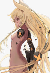Rule 34 | 1girl, amputee, android, animal ears, ass, beige background, blonde hair, blood, blood on face, breasts, closed mouth, cowboy shot, from side, g41 (girls&#039; frontline), girls&#039; frontline, gz (gzdteee), long hair, looking to the side, mechanical arms, mechanical parts, nipples, no arms, nude, profile, red eyes, serious, simple background, single mechanical arm, small breasts, solo, very long hair