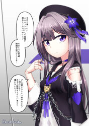Rule 34 | 1girl, beret, breasts, chain, clothing cutout, collarbone, commentary request, doll joints, flower, grey hair, hair between eyes, hair flower, hair ornament, twirling hair, hat, herta (honkai: star rail), honkai: star rail, honkai (series), hoshokusha, joints, looking at viewer, purple eyes, shoulder cutout, small breasts, smile, solo, translation request, twitter username, wall