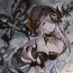 Rule 34 | blue eyes, breasts, bug, butterfly, butterfly hair ornament, cleavage, demon horns, draph, fingerless gloves, gloves, granblue fantasy, hair ornament, hair over one eye, horns, insect, jewelry, large breasts, looking at viewer, minaba hideo, narmaya (granblue fantasy), narmaya (the black butterfly) (granblue fantasy), necklace, official art, solo