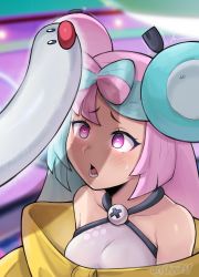 Rule 34 | 1girl, artsheops, bare shoulders, blurry, blush, breasts, character hair ornament, commentary request, creatures (company), eyelashes, game freak, green hair, grey shirt, hair ornament, highres, iono (pokemon), jacket, long hair, looking up, lower teeth only, nintendo, open mouth, penis shadow, pink hair, pokemon, pokemon (creature), pokemon sv, raised eyebrows, sexually suggestive, shadow, shirt, sleeveless, sleeveless shirt, sweatdrop, teeth, tongue, trembling, upper body, wiglett, yellow jacket