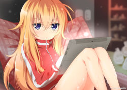 Rule 34 | 10s, 1girl, absurdres, bad id, bad pixiv id, blonde hair, blue eyes, bottomless, dust, gabriel dropout, highres, indoors, jacket, legs, long hair, looking at viewer, macchiato (jae-min cho), microsoft, pillow, sitting, solo, suggestive fluid, surface tablet, gabriel tenma white, track jacket, zipper