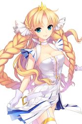 Rule 34 | 1girl, bell (soccer spirits), blonde hair, blue eyes, braid, breasts, collarbone, crown, dress, gloves, hair ribbon, highres, holding, holding weapon, large breasts, long hair, looking at viewer, official art, ribbon, shirahane nao, soccer spirits, sword, thighhighs, transparent background, twin braids, weapon, white dress, white gloves, white ribbon, white thighhighs