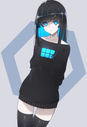 Rule 34 | 1girl, arms behind back, black hair, black thighhighs, blue eyes, blue hair, blunt bangs, bright pupils, closed mouth, collarbone, colored inner hair, cowboy shot, dress, dutch angle, eyes visible through hair, glowing, grey background, hexagon, legs together, long hair, long sleeves, looking at viewer, multicolored hair, original, pale skin, simple background, solo, sweater, sweater dress, thighhighs, tostos, two-tone hair, white pupils