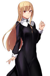 Rule 34 | 1girl, absurdres, arm at side, black dress, black ribbon, blonde hair, blunt bangs, breasts, closed mouth, dress, hand up, highres, large breasts, long dress, long hair, long sleeves, looking at viewer, neck ribbon, original, orochi itto, red eyes, ribbon, simple background, smile, solo, straight hair, white background