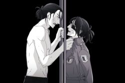 Rule 34 | 1boy, 1other, clothes grab, coat, commentary, english commentary, eren yeager, eyepatch, frown, goggles, hange zoe, hanpetos, height difference, jacket grab, open mouth, paradis military uniform, prison cell, shingeki no kyojin, short ponytail, survey corps (emblem), sweat, topless male