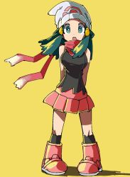 Rule 34 | 1girl, beanie, blue eyes, blue hair, breasts, creatures (company), dawn (pokemon), full body, game freak, hair ornament, hairclip, hat, highres, hyou (hyouga617), long hair, looking at viewer, nintendo, open mouth, pink footwear, pokemon, pokemon dppt, scarf, simple background, skirt, sleeveless, solo, white hat