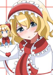 Rule 34 | 1girl, @ @, airsi0821, alice margatroid, blonde hair, blush, bow, bowtie, capelet, doll, embarrassed, frilled hairband, frills, hairband, highres, letter, long hair, looking to the side, love letter, open mouth, red bow, red bowtie, red hairband, shanghai doll, short hair, sweatdrop, touhou, white capelet