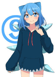 Rule 34 | 1girl, alternate costume, arm at side, arm up, blue hoodie, bow, circled 9, cirno, cowboy shot, drawstring, fang, hair bow, hand on own chest, head tilt, highres, hood, hood down, hoodie, looking at viewer, mizune (winter), simple background, skin fang, sleeves past wrists, smile, solo, standing, touhou, white background, wings