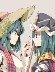 Rule 34 | 2girls, aoi kujira, breasts, epaulettes, expressionless, eye contact, face-to-face, finger to another&#039;s nose, green hair, grey background, hat, kazami yuuka, looking at another, multiple girls, open clothes, open vest, plaid, plaid vest, poking, poking nose, red eyes, rod of remorse, shiki eiki, short hair, simple background, smile, straw hat, touhou, upper body, vest