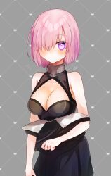 Rule 34 | 1girl, absurdres, bare arms, black dress, blush, breasts, cleavage, cleavage cutout, closed mouth, clothes pull, clothing cutout, cowboy shot, dress, dress pull, fate/grand order, fate (series), grey background, hair over one eye, harukappa, heart, highres, looking at viewer, mash kyrielight, medium breasts, medium hair, pink eyes, pink hair, solo, standing, straight hair