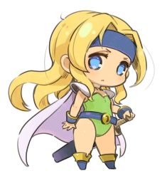 Rule 34 | 1girl, blonde hair, blue eyes, cape, celes chere, chibi, closed mouth, final fantasy, final fantasy vi, full body, green leotard, headband, leotard, long hair, looking at viewer, mota, simple background, solo, sword, weapon, white background