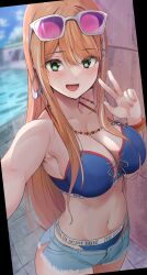 1girl absurdres bare_shoulders bikini blue_bikini blush breasts cleavage collarbone earrings eyewear_on_head gakuen_idolmaster green_eyes hair_ornament hairclip highres idolmaster jewelry kimi_to_semi_blue_(idolmaster) large_breasts long_hair looking_at_viewer mole mole_under_eye navel necklace open_mouth orange_hair outdoors sezok shiun_sumika short_shorts shorts smile solo stomach sunglasses swimsuit w