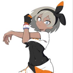 Rule 34 | 1girl, bea (pokemon), black bodysuit, black hairband, bodysuit, bodysuit under clothes, bow hairband, breasts, closed mouth, commentary request, covered navel, creatures (company), dark-skinned female, dark skin, dynamax band, eyelashes, game freak, gloves, grey eyes, grey hair, gym leader, hair between eyes, hairband, korean commentary, kyamagwi, looking at viewer, nintendo, pokemon, pokemon swsh, print shirt, print shorts, shirt, short sleeves, shorts, simple background, single glove, solo, stretching, white background