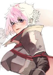 Rule 34 | 1girl, blush, breasts, cleavage, code vein, female protagonist (code vein), hair between eyes, highres, large breasts, looking at viewer, open mouth, pink hair, purple eyes, shishamo 712, short hair, simple background, smile, solo, very short hair, white background
