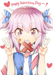 Rule 34 | 1girl, bandaid, bandaid on face, blush, double v, eyebrows, hair between eyes, happy valentine, heart, highres, jacket, looking at viewer, mouth hold, open clothes, open jacket, original, pink eyes, pink hair, scarf, shirt, sidelocks, simple background, sleeves rolled up, smile, solo, striped clothes, striped scarf, sylphine, sylphy (sylphine), t-shirt, tareme, two side up, unbuttoned, upper body, v, valentine, white background, white shirt