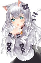 Rule 34 | 1girl, animal ears, black bow, blue eyes, blue nails, bow, cat day, cat ears, cat tail, collar, cross-laced clothes, fang, grey hair, hair bow, highres, long hair, long sleeves, looking at viewer, multiple bows, nail polish, open mouth, original, own hands together, sakizaki saki-p, simple background, skin fang, solo, tail, tail bow, tail ornament, upper body, white background