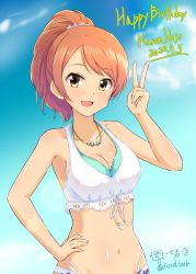 Rule 34 | 1girl, artist name, bikini, blue sky, brown hair, character name, cloud, cloudy sky, commentary request, dated, day, diesel-turbo, english text, hair tie, hand on own hip, happy birthday, highres, hojo karen, idolmaster, idolmaster cinderella girls, jewelry, light blush, looking at viewer, medium hair, multi-strapped bikini, navel, necklace, open mouth, orange eyes, outdoors, partial commentary, ponytail, signature, sky, smile, solo, standing, swept bangs, swimsuit, twitter username, upper body, v-shaped eyes, white bikini