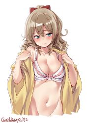 Rule 34 | 1girl, bare shoulders, blue eyes, blush, bow, bow bra, bra, breasts, cleavage, closed mouth, collarbone, commentary request, cowboy shot, cropped torso, drill hair, ebifurya, groin, hair between eyes, hair ornament, hair ribbon, hatakaze (kancolle), highres, japanese clothes, kantai collection, kimono, light brown hair, long hair, looking at viewer, medium breasts, navel, off shoulder, one-hour drawing challenge, open clothes, open kimono, ponytail, red ribbon, ribbon, simple background, solo, standing, twitter username, underwear, undressing, wavy hair, white background, wide sleeves, yellow kimono