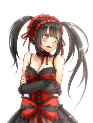 Rule 34 | 10s, 1girl, bare shoulders, black hair, blush, bow, breasts, choker, cleavage, collarbone, crossed arms, date a live, frills, hairband, heterochromia, highres, lolita fashion, lolita hairband, long hair, mikitsui, open mouth, red eyes, solo, tokisaki kurumi, tsundere, twintails, white background, yellow eyes