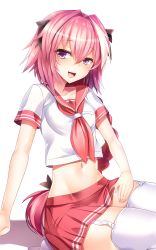 Rule 34 | 1boy, astolfo (fate), astolfo (sailor paladin) (fate), bad id, bad pixiv id, black bow, blush, bow, braid, come hither, crop top, fang, fate (series), garter straps, hair between eyes, hair bow, hair intakes, hand on own thigh, highres, lap pillow, lap pillow invitation, long hair, looking at viewer, male focus, midriff, miniskirt, multicolored hair, naughty face, navel, official alternate costume, pink hair, pleated skirt, purple eyes, school uniform, seiza, serafuku, short sleeves, silly (marinkomoe), single braid, sitting, skirt, smile, solo, streaked hair, thighhighs, trap, very long hair, white thighhighs, zettai ryouiki
