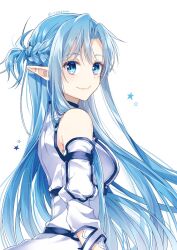 Rule 34 | 1girl, artist name, asuna (sao), asuna (sao-alo), bare shoulders, blue eyes, blue hair, braid, breasts, closed mouth, commentary, detached sleeves, dress, french braid, hair between eyes, istriri, long hair, long sleeves, looking at viewer, medium breasts, pointy ears, simple background, smile, solo, star (symbol), sword art online, turning head, twitter username, upper body, white background, white dress, white sleeves
