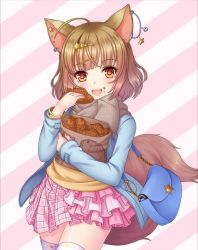 Rule 34 | :d, animal ears, asymmetrical clothes, bag, bracelet, brown hair, ear piercing, eating, fennery (show by rock!!), food, food on face, fox ears, fox tail, frilled skirt, frills, hair ornament, hairclip, handbag, jacket, jewelry, long sleeves, open mouth, orange eyes, paper bag, piercing, pink background, rusha (r style), scarf, short hair, show by rock!!, simple background, skirt, smile, tail, taiyaki, thighhighs, two-tone background, wagashi, white background, zettai ryouiki