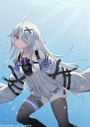 Rule 34 | 1girl, absurdres, ahoge, bandage over one eye, barcode, barcode tattoo, bare shoulders, black thighhighs, blue eyes, closed mouth, commentary request, copyright name, dress, grey hair, highres, long hair, no.21 (punishing: gray raven), punishing: gray raven, sleeves past fingers, sleeves past wrists, tattoo, thighhighs, watchmen-001, white dress