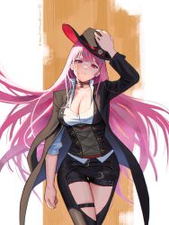 Rule 34 | 1girl, absurdres, belt, black belt, black choker, black hat, black jacket, black shorts, breasts, chaps, choker, cleavage, collared shirt, cowboy, cowboy hat, cowboy western, hand on headwear, hat, highres, hololive, hololive english, jacket, large breasts, long hair, looking at viewer, mori calliope, mori calliope (sheriff), pink hair, red eyes, seventeencrows, sheriff badge, shirt, short shorts, shorts, solo, thigh strap, virtual youtuber, western, white shirt