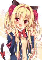 Rule 34 | 1girl, :d, animal ears, armband, bad id, bad pixiv id, blazer, blonde hair, blush, bow, bowtie, cat ears, cat tail, character request, commentary request, flower, hair flower, hair intakes, hair ornament, holding, holding own hair, huei nazuki, jacket, long hair, long sleeves, looking at viewer, open beta (vtuber), open mouth, red bow, red bowtie, red eyes, red flower, round teeth, smile, solo, star (symbol), sweater, tail, tail bow, tail ornament, teeth, twintails, upper body, upper teeth only, virtual youtuber