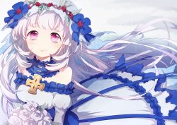 Rule 34 | 10s, 1girl, :o, blue dress, blush, bouquet, cross, detached collar, detached sleeves, dress, eleanor (merc storia), flower, hair flower, hair ornament, head wreath, highres, leafwow, long hair, long sleeves, looking at viewer, merc storia, nuenue (ya-z), parted lips, rose, smile, solo, strapless, strapless dress, tareme, white flower, white hair, white rose