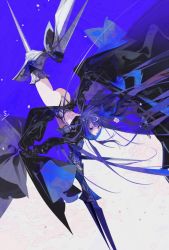 Rule 34 | 1girl, arm garter, armor, armored boots, ass, bad id, bad twitter id, bent over, blue eyes, blue ribbon, blue theme, boots, buckle, fate/grand order, fate (series), full body, hair ribbon, high heels, leg lift, long hair, long sleeves, looking at viewer, meltryllis (fate), molatoliamu, outstretched arms, parted lips, prosthesis, prosthetic leg, purple hair, ribbon, sleeves past wrists, solo, spikes, thigh boots, thighhighs, very long hair