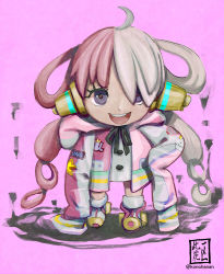 Rule 34 | 1girl, bare legs, black ribbon, blush, breasts, buttons, chibi, cowboy shot, dress, eyelashes, floating hair, frilled dress, frills, hair over one eye, hair rings, hand up, headphones, hood, hood down, hooded jacket, jacket, konohana, long hair, long sleeves, looking at viewer, multicolored clothes, multicolored hair, neck ribbon, one eye covered, one piece, one piece film: red, open clothes, open jacket, open mouth, oversized clothes, pink background, pink jacket, puffy long sleeves, puffy sleeves, purple eyes, red hair, ribbon, sidelocks, sleeves past fingers, sleeves past wrists, smile, solo, split-color hair, standing, teeth, twitter username, two-tone hair, uta (one piece), white dress, white hair, white jacket
