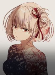 Rule 34 | 1girl, blonde hair, bob cut, breasts, closed mouth, collarbone, commentary request, completely nude, double exposure, flower, gradient background, grey background, hair ribbon, looking at viewer, lycoris recoil, medium breasts, nishikigi chisato, nude, red eyes, red ribbon, ribbon, roko (pe0e07), short hair, solo, spider lily, upper body, white background, white hair