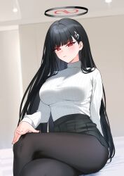 Rule 34 | 1girl, absurdres, bed sheet, black hair, black pantyhose, black skirt, blue archive, blush, breasts, crossed legs, feet out of frame, halo, highres, indoors, large breasts, long hair, long sleeves, looking at viewer, nonbire, pantyhose, pleated skirt, red eyes, ribbed sweater, rio (blue archive), sitting, skirt, solo, straight hair, sweater, sweater tucked in, turtleneck, turtleneck sweater, very long hair, white sweater