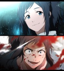Rule 34 | 10s, 1672, 1boy, anime coloring, bad id, bad pixiv id, black hair, blood, blood on face, blue eyes, constricted pupils, crazy eyes, crazy smile, forest, male focus, mole, mole under eye, multiple views, nature, open mouth, ponytail, scarf, smile, touken ranbu, twitter username, upper body, wide-eyed, yamato-no-kami yasusada