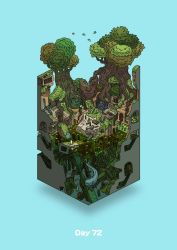 Rule 34 | blue background, building, commentary request, diorama, fish, gozz, highres, isometric, olmec head, original, overgrown, partially underwater shot, ruins, stairs, statue, tree