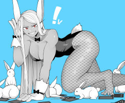 Rule 34 | !, 1girl, :d, absurdres, all fours, animal ears, ass, bare shoulders, black bow, black bowtie, black leotard, blue background, boku no hero academia, bow, bowtie, breasts, bunny day, card, cleavage, clothing cutout, collarbone, dark-skinned female, dark skin, feet, fishnet pantyhose, fishnets, foot out of frame, gloves, greyscale with colored background, hair over shoulder, hand in own hair, hand up, hanging breasts, highleg, highleg leotard, highres, koyap, large breasts, leotard, long eyelashes, long hair, mirko, open mouth, pantyhose, playing card, rabbit, rabbit ears, rabbit girl, rabbit tail, red eyes, smile, solo, strapless, strapless leotard, tail, tail through clothes, teeth, thick thighs, thighs, toned, very long hair, white gloves, white hair