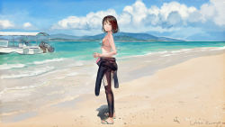 Rule 34 | 1girl, aqua bikini, bare shoulders, beach, bikini, black hair, boat, bodysuit, cloud, copyright request, day, diving suit, from side, green bikini, grey eyes, highres, holding, horizon, looking at viewer, looking to the side, mountain, outdoors, sandals, seashell, shell, short hair, signature, sky, solo, standing, string bikini, sunlight, swimsuit, umishima senbon, water, watercraft, waves, wetsuit