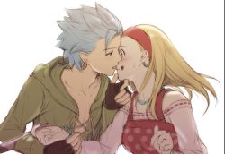 Rule 34 | 1boy, 1girl, bare shoulders, blonde hair, blue hair, blush, bracelet, braid, breasts, brown gloves, camus (dq11), commentary request, dragon quest, dragon quest xi, earrings, eye contact, fingerless gloves, gloves, green jacket, hairband, hetero, holding, hood, hooded jacket, jacket, jewelry, long hair, looking at another, mondi hl, necklace, senya (dq11), short hair, simple background, spiked hair, twin braids, white background