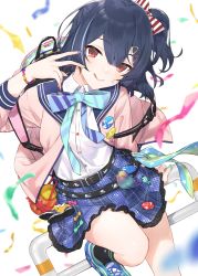 Rule 34 | 1girl, :q, arm support, black hair, black socks, blue sailor collar, blue skirt, blush, bow, closed mouth, collared shirt, commentary request, diagonal stripes, dress shirt, frilled skirt, frills, green nails, hair between eyes, hair bow, hair ornament, hairclip, hand up, hayashi kewi, highres, idolmaster, idolmaster shiny colors, jacket, morino rinze, multicolored nails, nail polish, one side up, open clothes, open jacket, pink jacket, purple nails, railing, red eyes, red nails, sailor collar, shirt, shoes, skirt, smile, socks, solo, star (symbol), star print, striped, striped bow, tongue, tongue out, white background, white footwear, white shirt, yellow nails